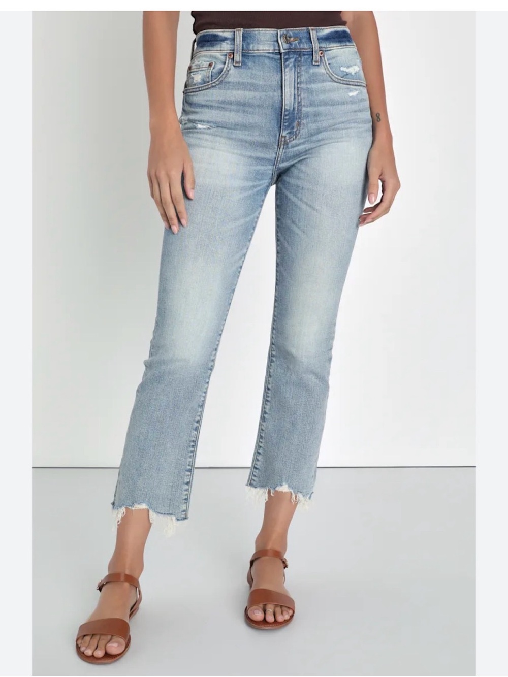 Daze Denim Cropped High-Rise Light Blue Jeans with Frayed Hem